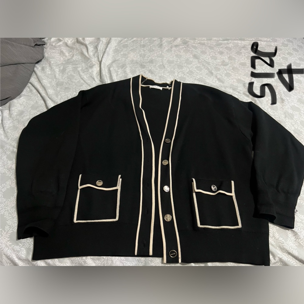 Sandro Black Cardigan with Cream Trim